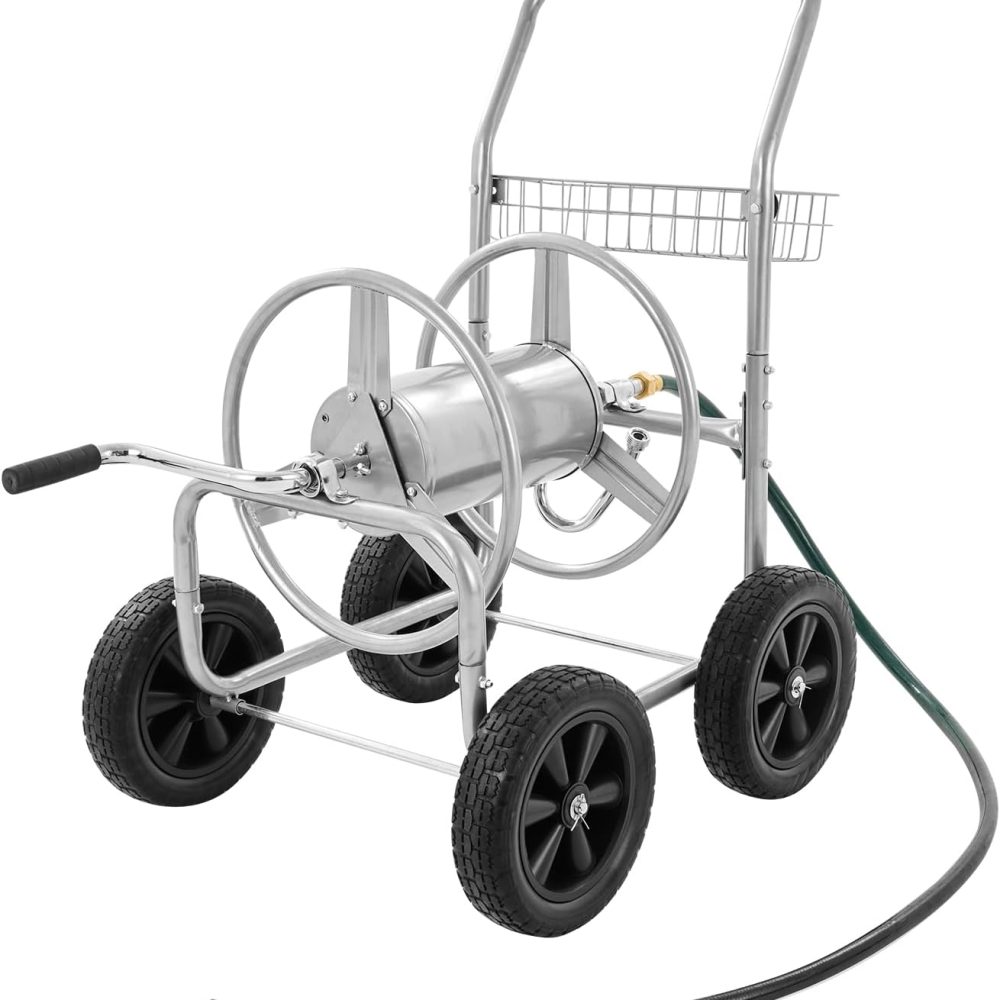 VEVOR Hose Reel Cart, Hold Up to 250 ft of 5/8’’ Hose, Garden Water Hose Carts Mobile Tools with 4 Wheels, Heavy Duty Powder-coated Steel Outdoor Planting with Storage Basket, for Garden, Yard, Lawn